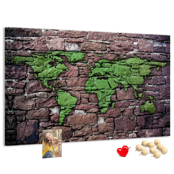 Tableau en liège Carte du monde verte sur un mur de pierre