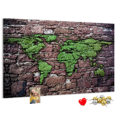 Tableau en liège Carte du monde verte sur un mur de pierre