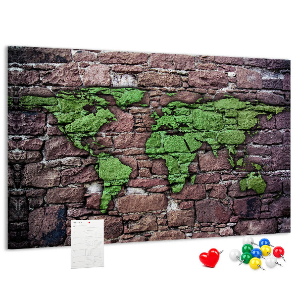 Tableau en liège Carte du monde verte sur un mur de pierre