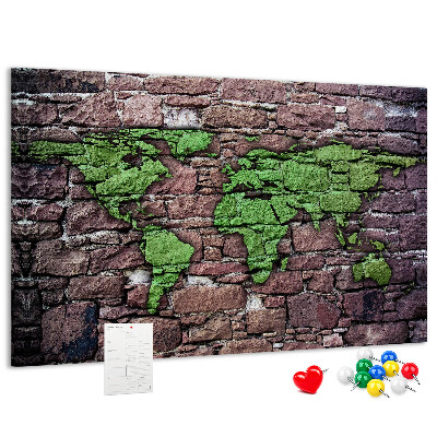 Tableau en liège Carte du monde verte sur un mur de pierre
