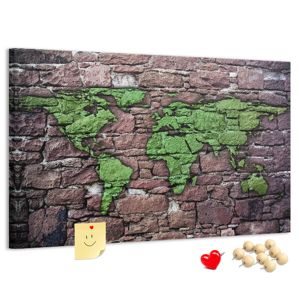 Tableau en liège Carte du monde verte sur un mur de pierre