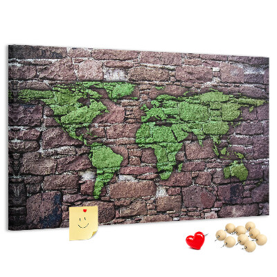 Tableau en liège Carte du monde verte sur un mur de pierre