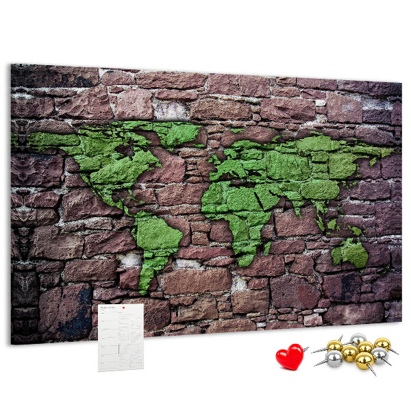 Tableau en liège Carte du monde verte sur un mur de pierre