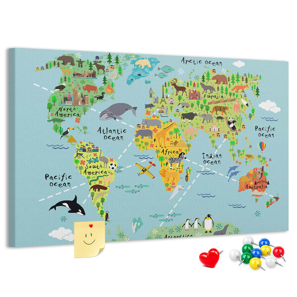 Tableau affichage liège Carte du monde colorée avec animaux et continents
