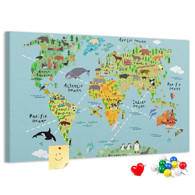 Tableau affichage liège Carte du monde colorée avec animaux et continents