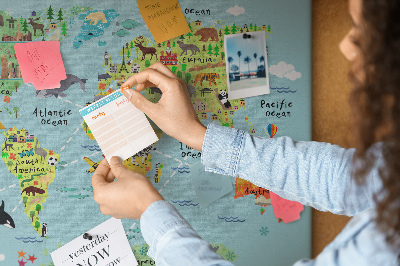 Tableau affichage liège Carte du monde colorée avec animaux et continents