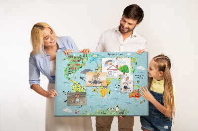 Tableau affichage liège Carte du monde colorée avec animaux et continents