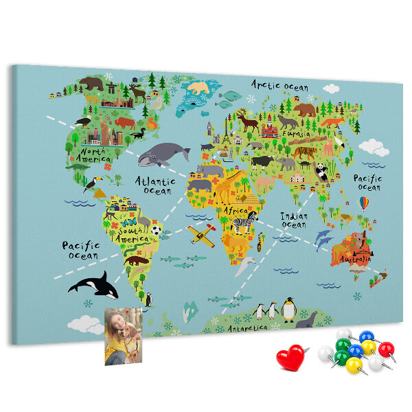 Tableau affichage liège Carte du monde colorée avec animaux et continents