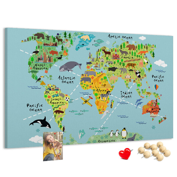Tableau affichage liège Carte du monde colorée avec animaux et continents