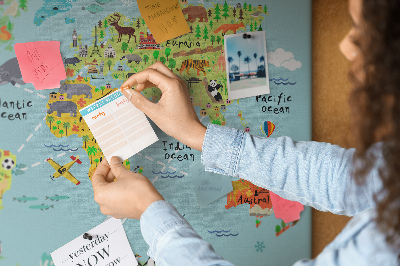 Tableau affichage liège Carte du monde colorée avec animaux et continents