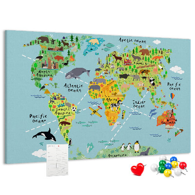 Tableau affichage liège Carte du monde colorée avec animaux et continents