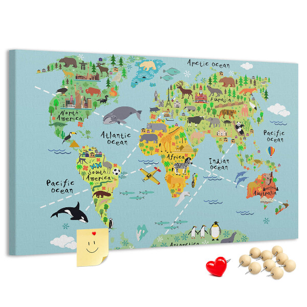 Tableau affichage liège Carte du monde colorée avec animaux et continents