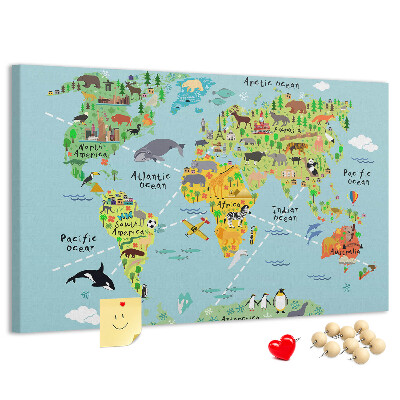 Tableau affichage liège Carte du monde colorée avec animaux et continents