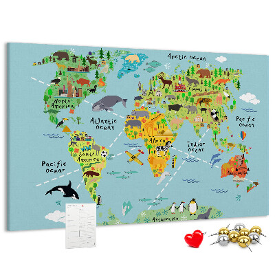 Tableau affichage liège Carte du monde colorée avec animaux et continents