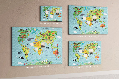 Tableau affichage liège Carte du monde colorée avec animaux et continents