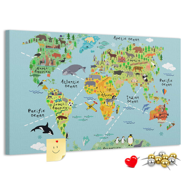 Tableau affichage liège Carte du monde colorée avec animaux et continents