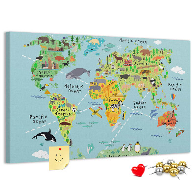 Tableau affichage liège Carte du monde colorée avec animaux et continents