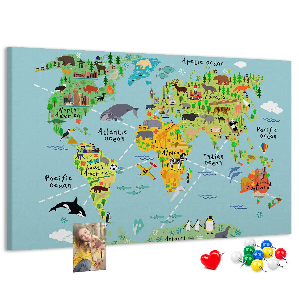 Tableau affichage liège Carte du monde colorée avec animaux et continents
