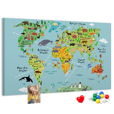Tableau affichage liège Carte du monde colorée avec animaux et continents