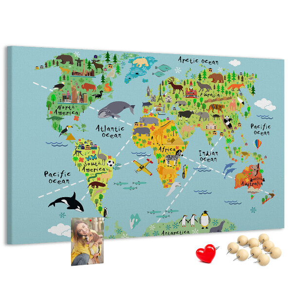 Tableau affichage liège Carte du monde colorée avec animaux et continents