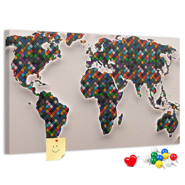 Tableau en liège Carte du monde colorée avec des carrés