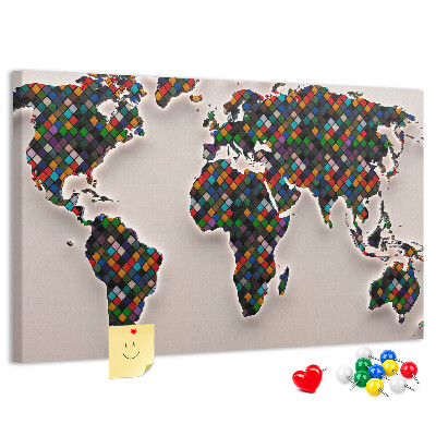 Tableau en liège Carte du monde colorée avec des carrés