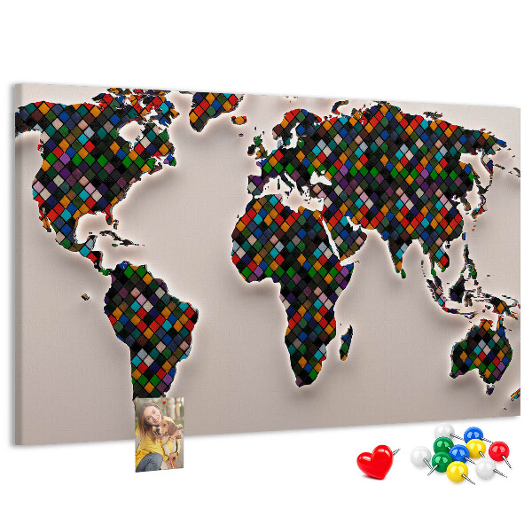 Tableau en liège Carte du monde colorée avec des carrés