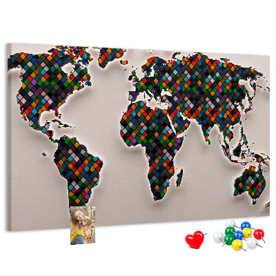 Tableau en liège Carte du monde colorée avec des carrés