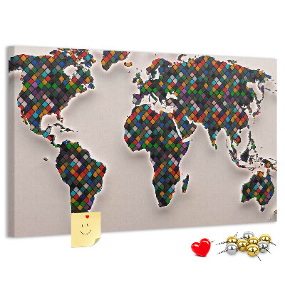 Tableau en liège Carte du monde colorée avec des carrés