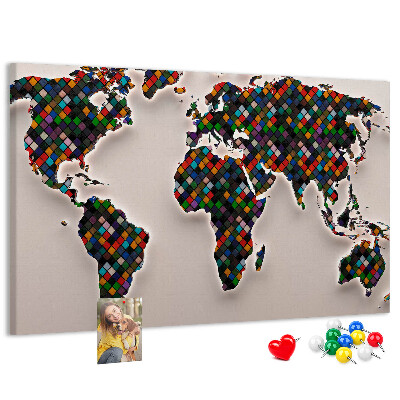 Tableau en liège Carte du monde colorée avec des carrés