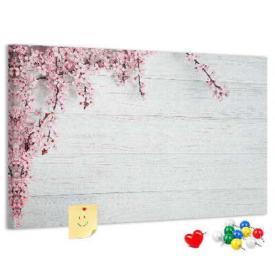 Tableau affichage liège Branches florales sur fond de bois blanc