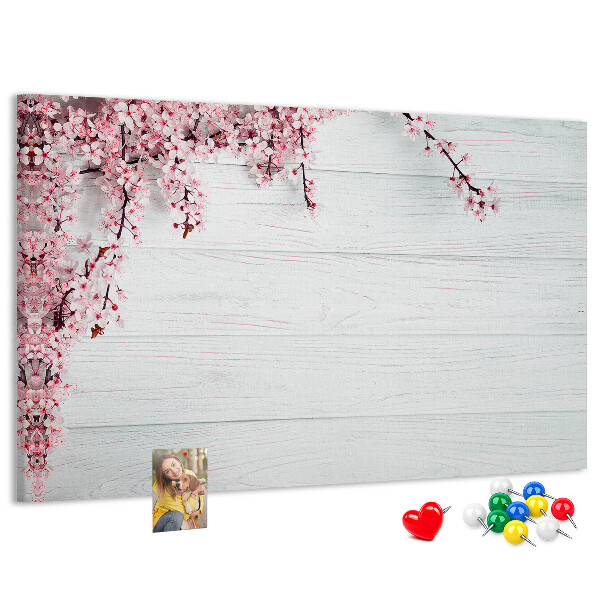 Tableau affichage liège Branches florales sur fond de bois blanc