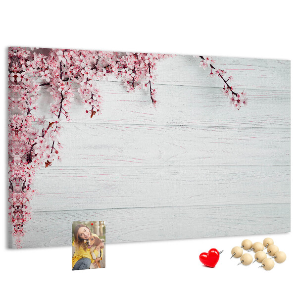 Tableau affichage liège Branches florales sur fond de bois blanc