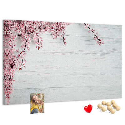 Tableau affichage liège Branches florales sur fond de bois blanc