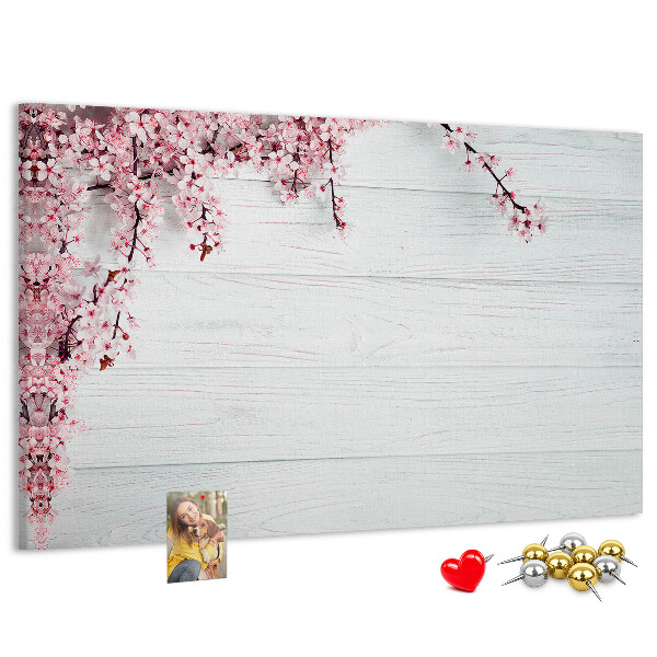 Tableau affichage liège Branches florales sur fond de bois blanc