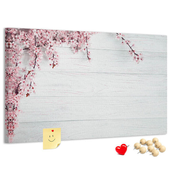 Tableau affichage liège Branches florales sur fond de bois blanc