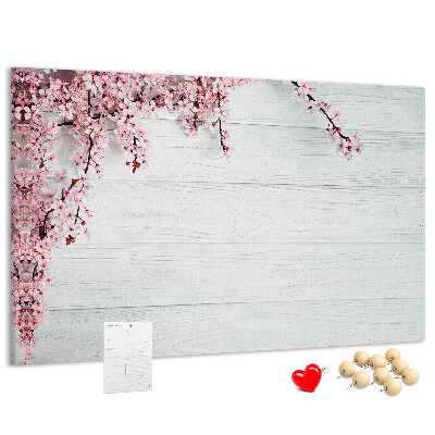 Tableau affichage liège Branches florales sur fond de bois blanc