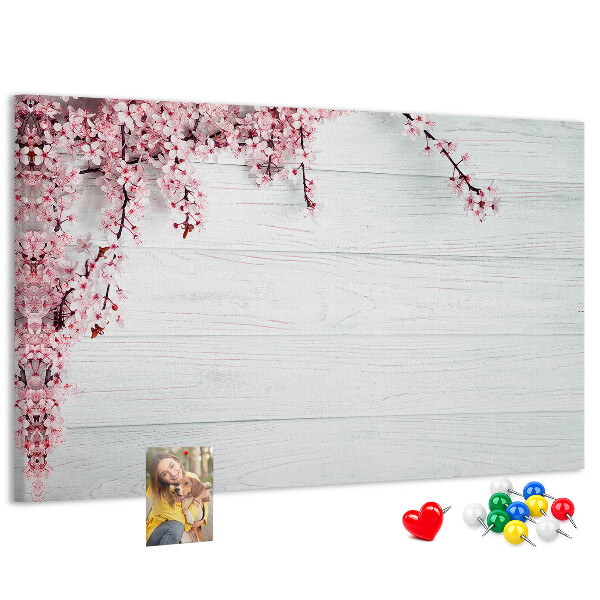 Tableau affichage liège Branches florales sur fond de bois blanc