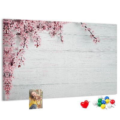 Tableau affichage liège Branches florales sur fond de bois blanc