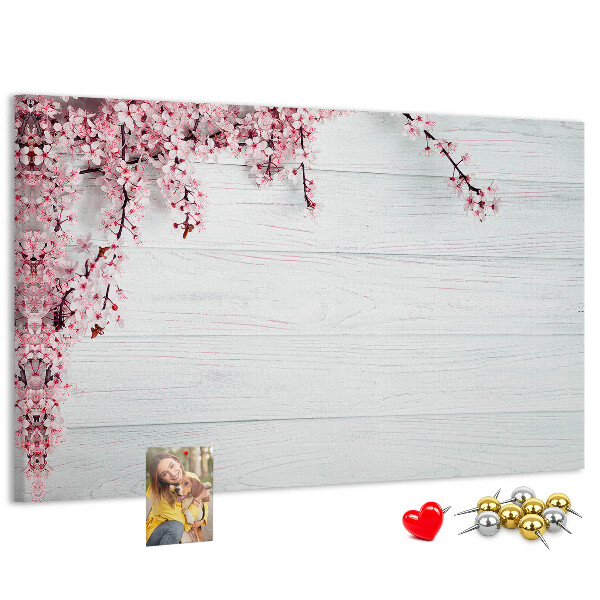 Tableau affichage liège Branches florales sur fond de bois blanc