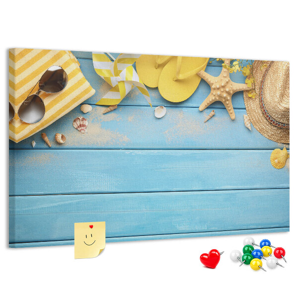 Tableau en liège L'été à la plage avec des accessoires colorés