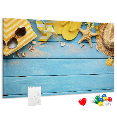 Tableau en liège L'été à la plage avec des accessoires colorés