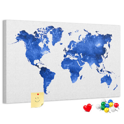 Tableau en liège carte du monde à l'aquarelle bleue