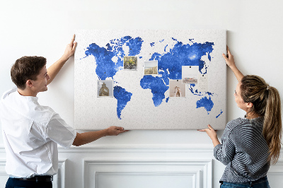 Tableau en liège carte du monde à l'aquarelle bleue