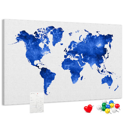 Tableau en liège carte du monde à l'aquarelle bleue