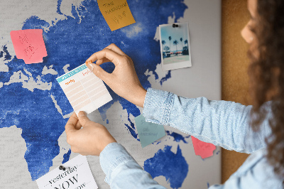 Tableau en liège carte du monde à l'aquarelle bleue