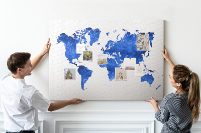 Tableau en liège carte du monde à l'aquarelle bleue