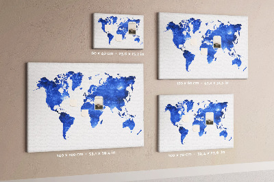Tableau en liège carte du monde à l'aquarelle bleue