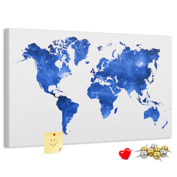 Tableau en liège carte du monde à l'aquarelle bleue