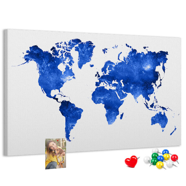 Tableau en liège carte du monde à l'aquarelle bleue